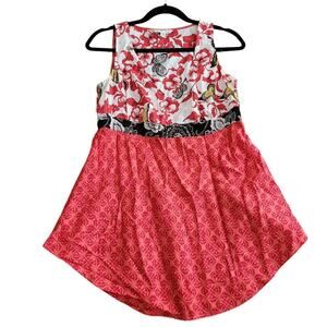 CAbi Womens Tunic Blouse Top XS White Red 100% Silk Floral Sleeveless Loose #948
